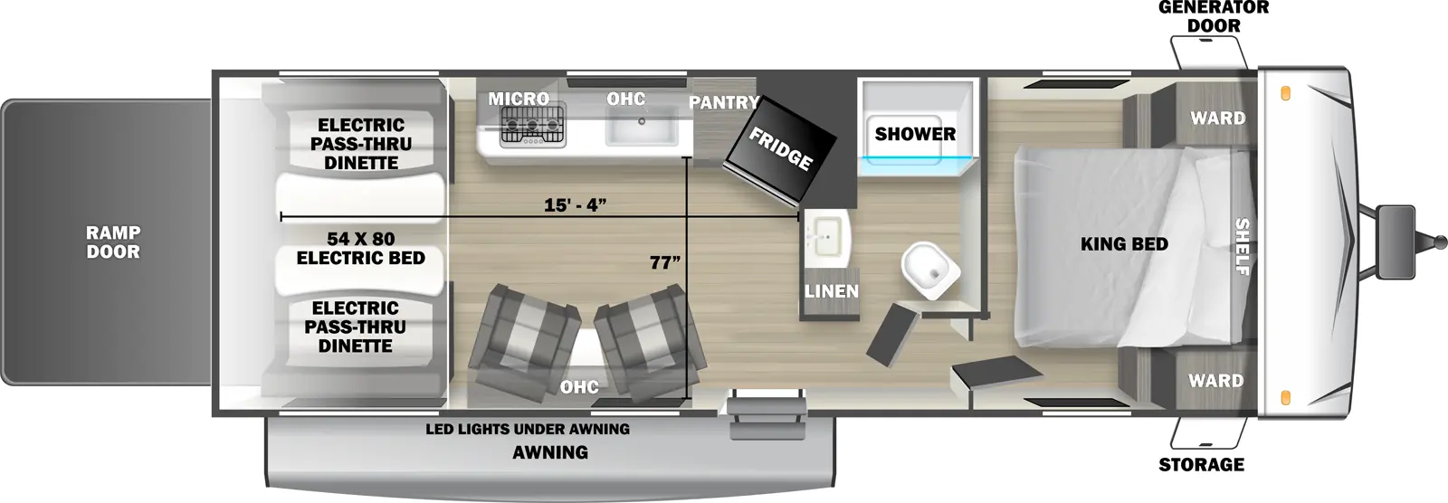 The 2500SRS travel trailer has no slide outs, 1 entry door and 1 rear ramp door. Exterior features include an awning with LED lights, front door side storage and front off-door side generator door. Interior layout from front to back includes: front bedroom with foot-facing King bed, shelf over the bed, and front corner wardrobes; off-door side bathroom with shower, linen storage, toilet and single sink vanity; off-door side kitchen with overhead microwave, overhead cabinets, pantry, stovetop and angled refrigerator; 2 door side recliners with end table; and rear electric 60 x 80 bed with opposing side electric pass-through dinette. Cargo length from rear of unit to kitchen wall is 15 ft. 4 in. Cargo width from kitchen countertop to door side wall is 77 inches.